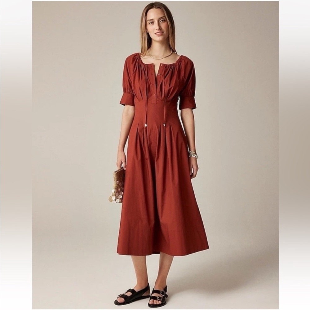 J. Crew Brick Red Midi Dress with Puff Sleeves - Picture 8 of 8